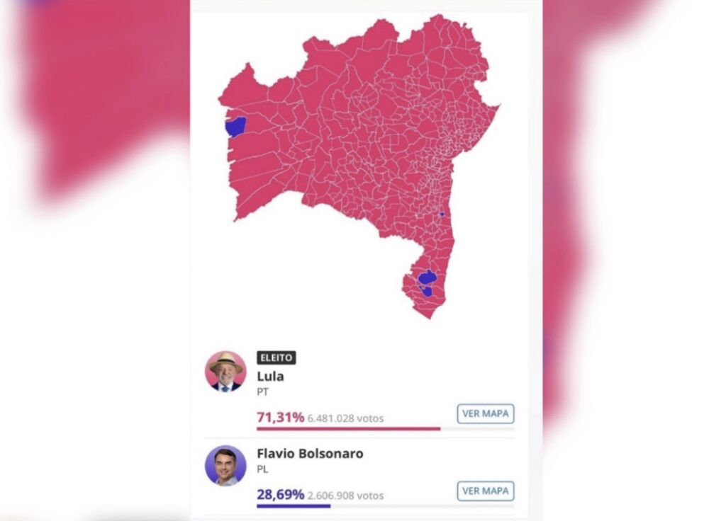 LULA DOMINA A BAHIA E VENCE EM 413 MUNICÍPIOS; FLÁVIO BOLSONARO LEVA VANTAGEM EM APENAS QUATRO